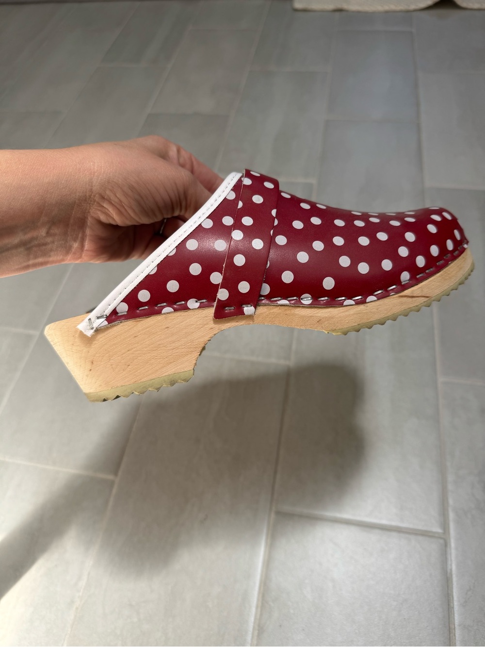 Swedish Wooden Clogs with Red & White Polka Dots - Picture 3 of 3
